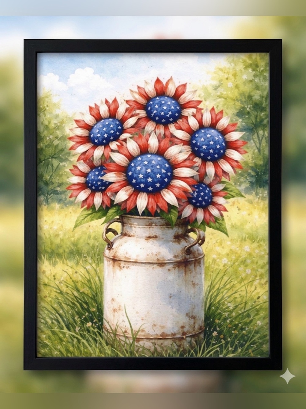 Framed Patriotic Sunflower Bouquet Wall Art 8x10